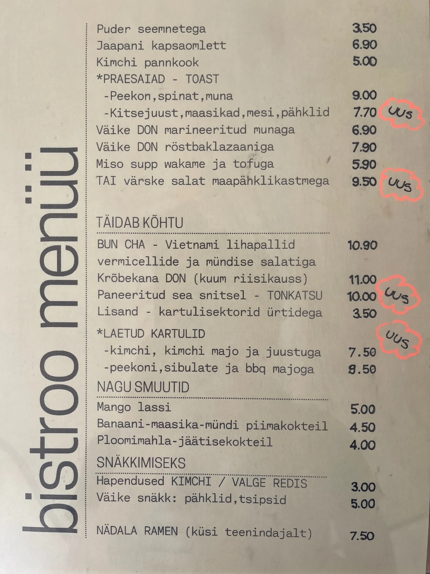 Sinu Kohvik - Toidumenüü